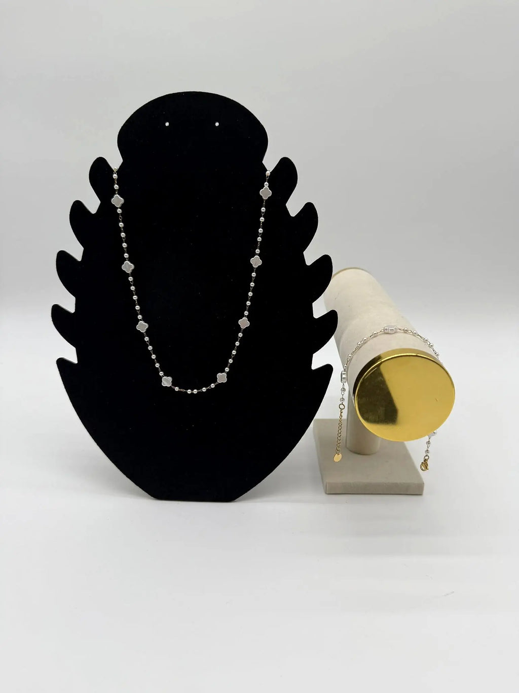 Parure Trèfle Perlé en acier inoxydable doré - collier et bracelet