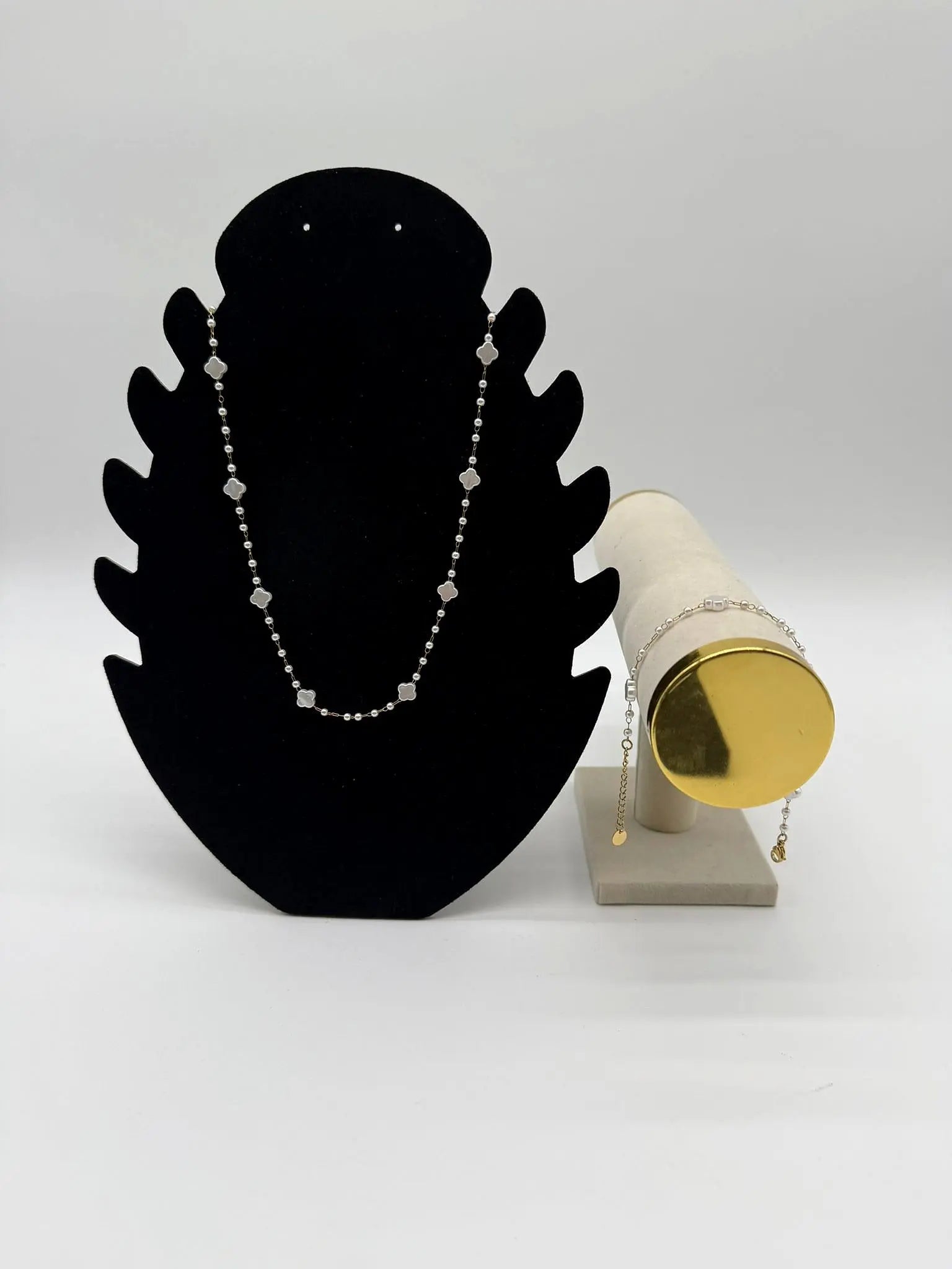 Parure Trèfle Perlé en acier inoxydable doré - collier et bracelet