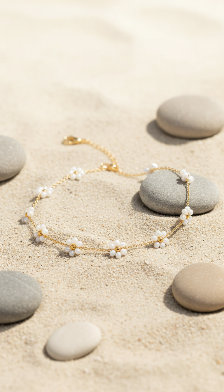 Bracelet de cheville en acier inoxydable doré à fleurs nacrées posé sur le sable